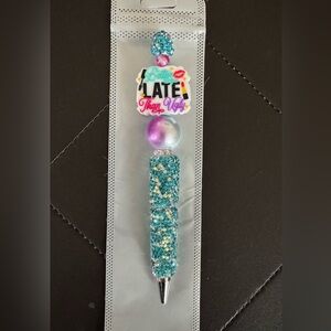 Glittery Blue and Purple Pen “Better Late Than Ugly” focal Bead w/ Rhinestones